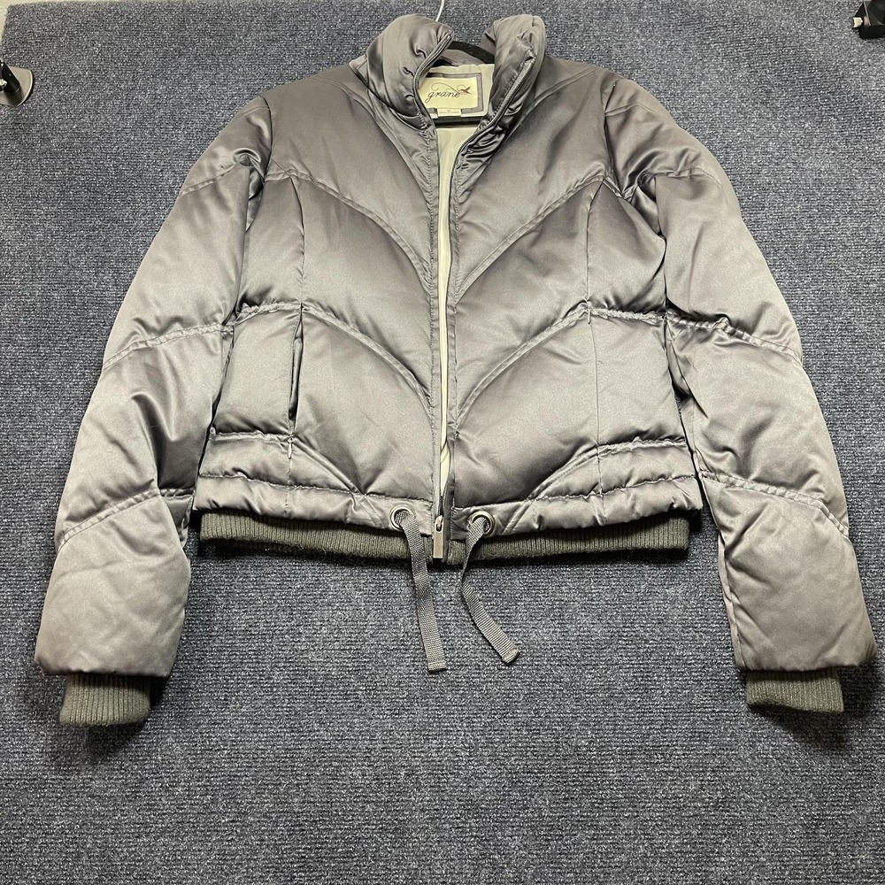 Grane Puffer Jacket Womens Medium Gray Quilted Zip Cropped Down Collared